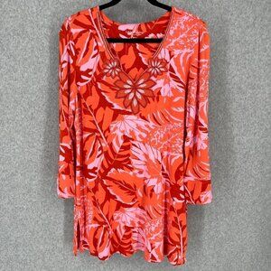 Soft Surroundings Del Rio Tunic Size M Orange Pink Tropical Beaded Boho Island